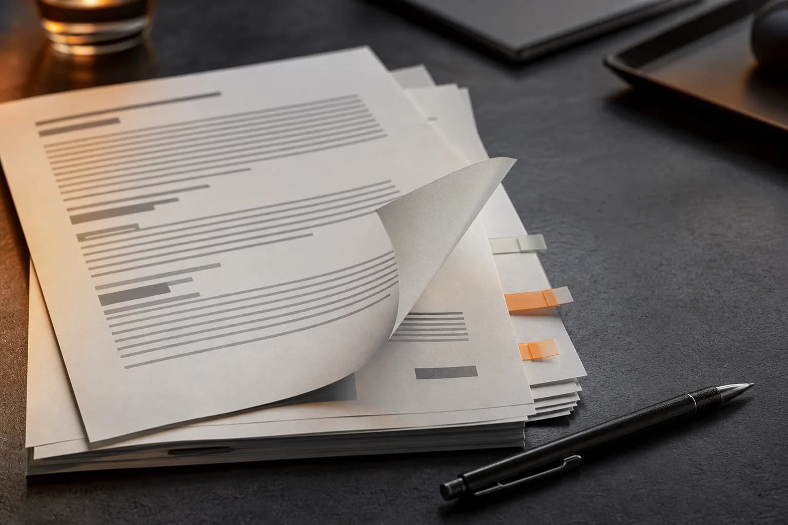 Documentos contratuais com marcações sobre uma mesa escura